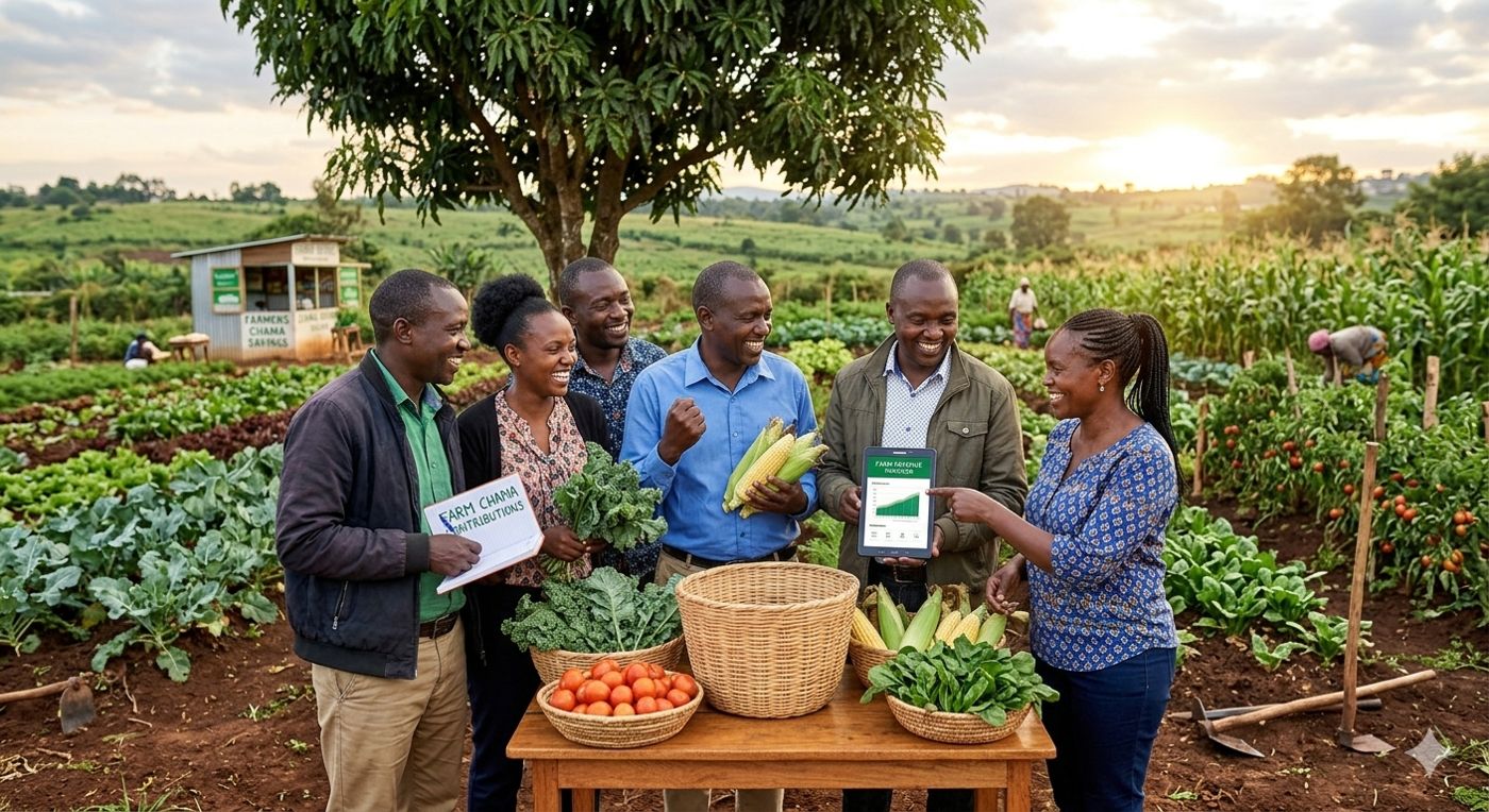 Farmers reviewing crop data on a tablet in a vegetable and maize farm