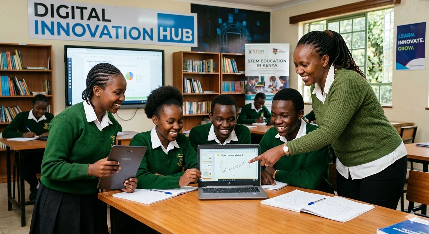 Learners and a teacher using digital learning tools in a school classroom